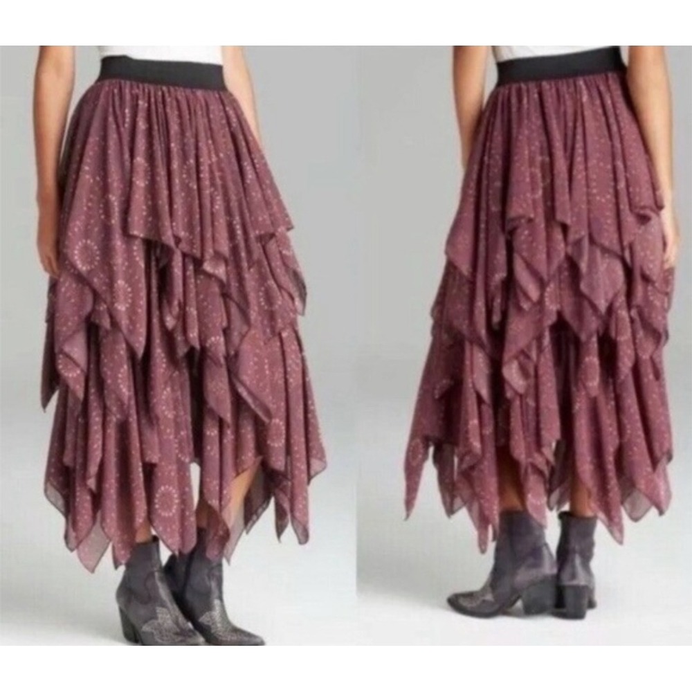 Free People Layered Gypsy Georgette Ruffle Midi Skirt purple Medium Handkerchief